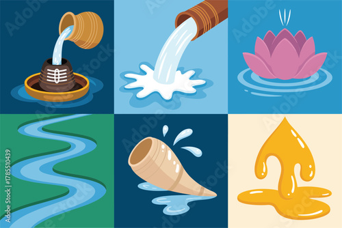 Flat illustration set for Hindu water ritual, featuring pot, lotus, river, and pouring liquid symbols.