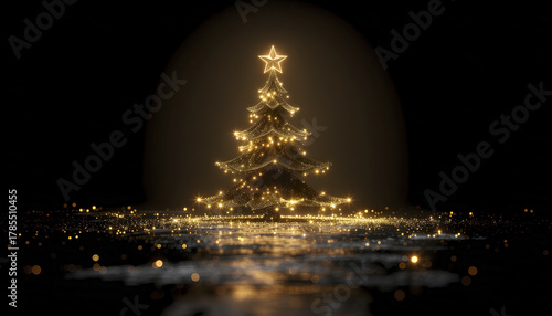 Firefly light formed Christmas tree with gold star on top glowing warmly on black background