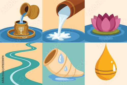 Detailed flat illustration set for Hindu cleansing ritual, featuring pot, lotus, river, and pouring liquid symbols.