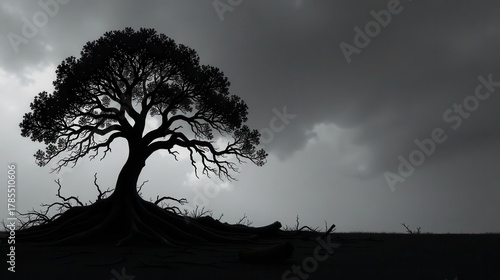 A solitary, ancient tree stands silhouetted against a brooding, overcast sky, its exposed roots clinging to the barren earth