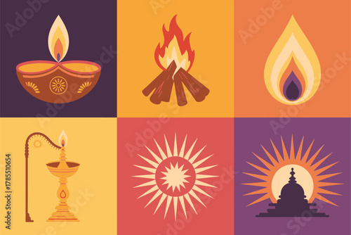 Flat illustration set for Hindu light ritual, featuring oil lamp, fire, sun, and rising sun symbols.