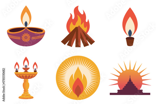 Colored outline vector icons for Hindu light ritual, illustrating oil lamp, fire, sun, and rising sun symbols.