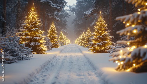 Peaceful winter forest lane lined with glowing Christmas trees and deep snow underfoot