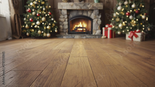 Christmas tree decorated with lights and ornaments near cozy stone fireplace with wooden floor