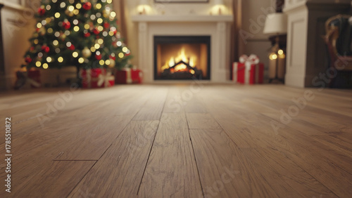 Christmas tree glowing lights with fireplace and wooden floor in cozy home