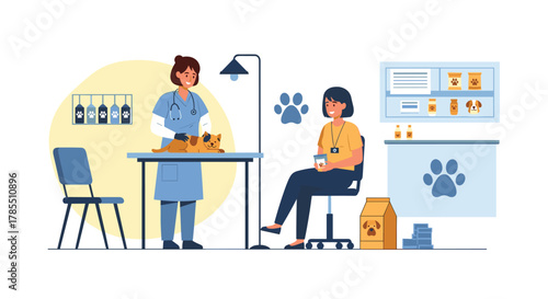 Caring veterinarian examining a cute dog in a modern clinic, ensuring pet wellness and happy pet owners in a comfortable setting