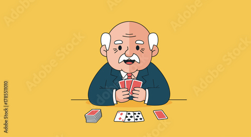 Senior man enjoying a lively card game with friends, perfect for retirement lifestyle blog or senior activity center promotion