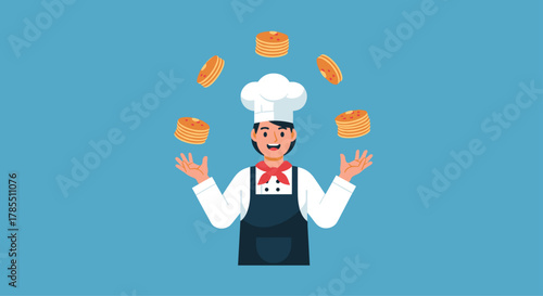 Cheerful chef juggling delicious pancakes with a smile, perfect for breakfast promotions and family dining adverts, food design and culinary blogs