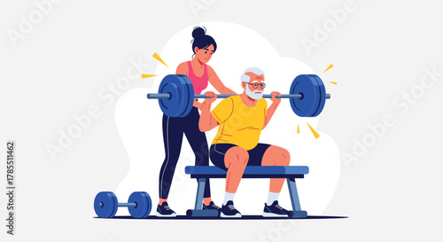 Senior man lifting weights with personal trainer for health and wellness, building strength and fitness in a modern gym setting with assistance