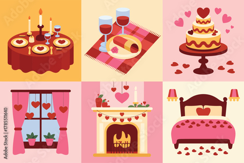Flat illustration set for romantic celebration, showing fireplace, bed, cake, and intimate picnic.