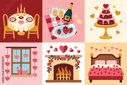 Flat illustration set for romantic dinner, featuring fireplace, bed, cake, and champagne picnic setup.