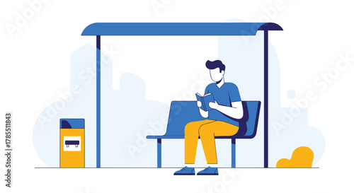 Man enjoys reading a book at the bus stop on a sunny day, perfect for advertising, travel, or lifestyle concepts in a modern illustration