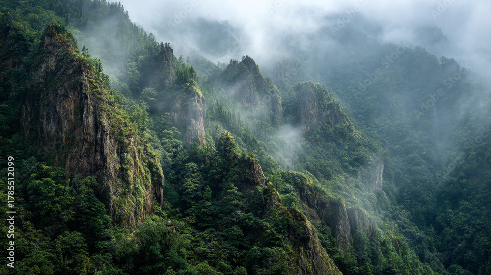 Naklejka premium Misty mountain peaks covered in lush green vegetation under a cloudy sky view