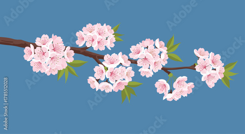 Lovely pink cherry blossoms are blooming on a branch against a serene blue sky, bringing springtime beauty and tranquility to your creative project
