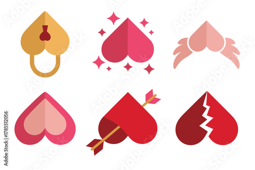 Simplified flat vector icon set for passion, showing broken heart, arrow, wings, and padlock symbols.