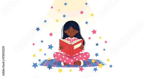 Adorable girl reading a storybook under a magical starry sky, perfect for promoting literacy and imagination in children's books and education