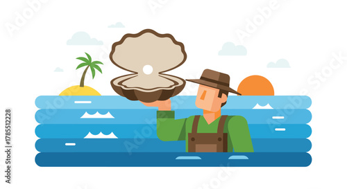 Island pearl farmer discovering a stunning oyster with a pearl inside in a tropical ocean paradise during sunset for tourism marketing
