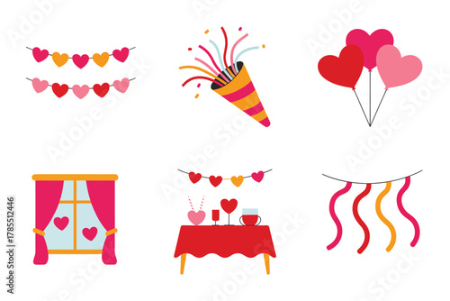 Flat illustration set for Valentine's Day party, featuring confetti, balloons, hearts, and romantic dinner table.
