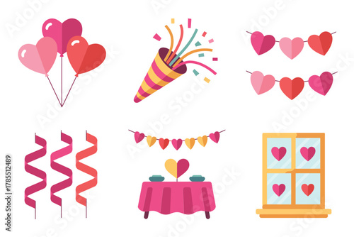 Flat color block illustration set for romantic celebration, featuring confetti, balloons, hearts, table, and streamer decor.