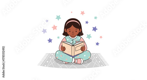 Adorable girl engrossed in reading adventure book, fostering imagination and a love of learning in a cozy, dreamy setting with stars