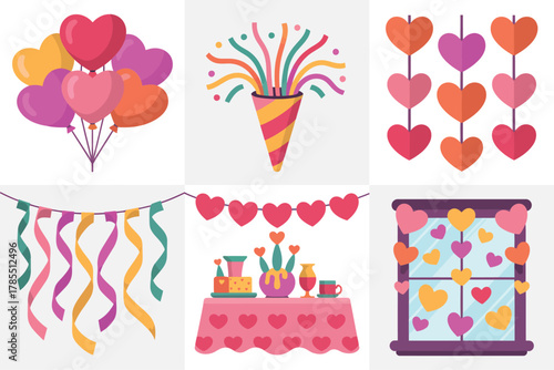 Detailed flat illustration set for romantic party, showing confetti, balloons, dessert table, hearts, and window decor.
