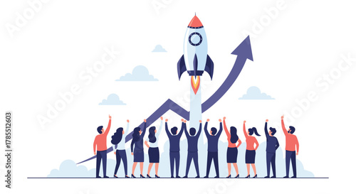 Dynamic team celebrating business growth with rocket launch and upward trend, showing success and positive momentum for startup ventures