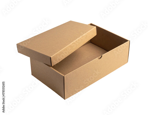 Open rectangular brown cardboard box with a partially opened lid, set on black