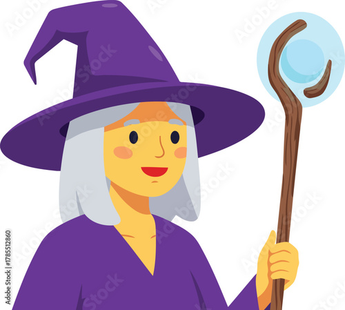 Friendly purple witch holding magic staff flat illustration vector