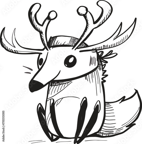 Smiling cartoon squirrel holding an acorn among autumn leaves