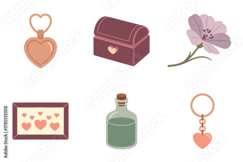 Flat vector icon set for carnival gifts, featuring heart pendant, jewelry box, flower, and key symbols.