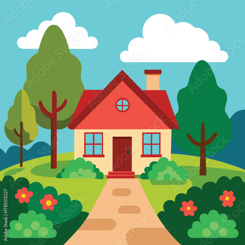 a cartoon house in the middle of a field