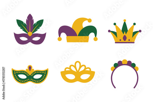 Flat illustration set for Mardi Gras masks, featuring jester hat, mask, crown, and decorative headband.