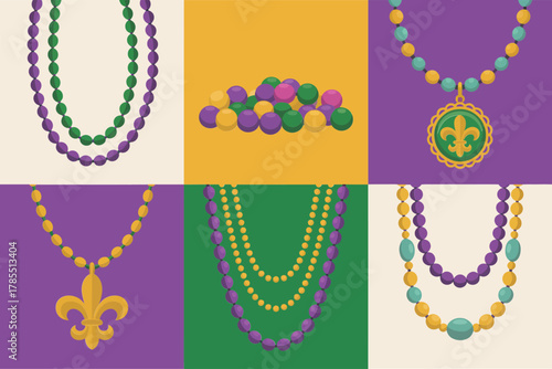 Flat vector icon set for Mardi Gras beads, featuring layered necklace, single beads, and fleur-de-lis symbol.
