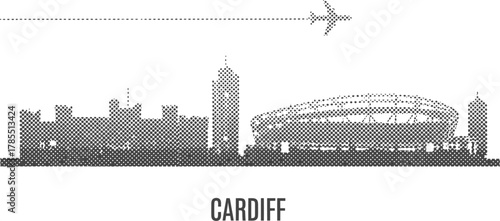 Cardiff Skyline Halftone Silhouette with Airplane