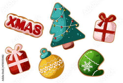 Christmas Gingerbread Cookies Collection with Icing Glaze Including Tree, Gift Box, Bauble, Mitten and Xmas Text Vector