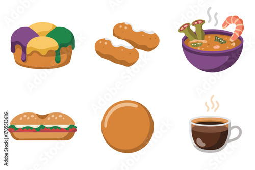 Flat illustration set for Mardi Gras food, featuring king cake, gumbo, beignet, and hot coffee drink.