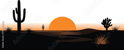 Minimalist desert sunset silhouette vector art with cactus