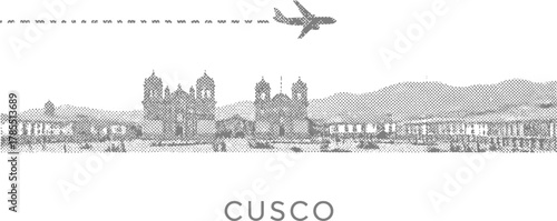 Cusco Cityscape with Airplane Silhouette and Text