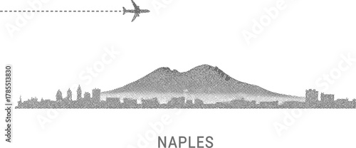 Naples Skyline with Airplane and Volcano Illustration