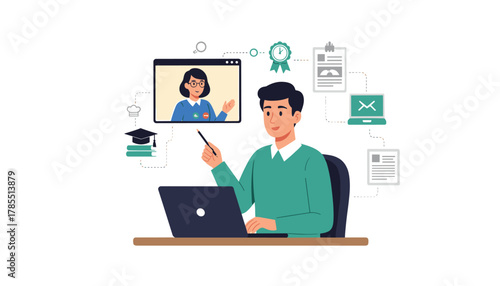 Engaging online tutoring session with a cheerful teacher on a laptop screen for remote learning success and professional growth