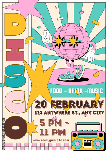 Disco event poster with a cartoon disco ball and retro design elements