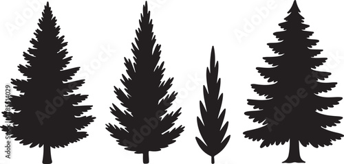 Set of four stylized black silhouettes of coniferous trees, varying in height and shape, presented against a stark white background, ideal for graphic design and naturethemed projects