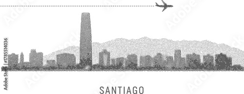 Santiago Skyline Silhouette with Airplane and Mountains