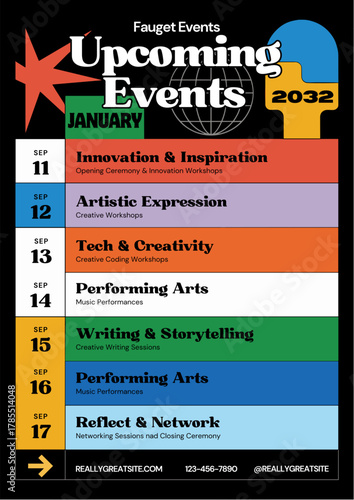 Upcoming fauget events poster with a colorful design and retro aesthetic