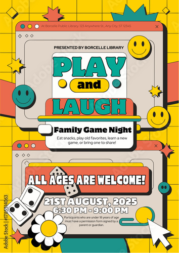 Play and laugh family game night poster with retro computer design elements