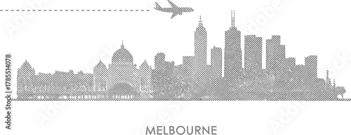 Melbourne Skyline Silhouette with Airplane and Contrails