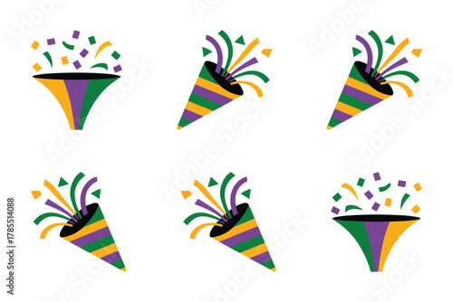 Flat illustration set for Mardi Gras party, featuring confetti bursts, streamer cones, and festive noise makers.