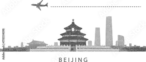 Beijing Skyline with Airplane and Landmark Architecture