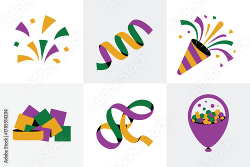Stylized flat illustration set for carnival celebration, showing confetti, streamer cones, and festive balloon.