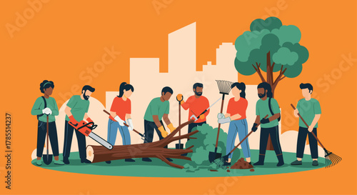 Diverse volunteers beautifying city park with rakes, shovels, and chainsaw, fostering community spirit during a vibrant outdoor cleanup project